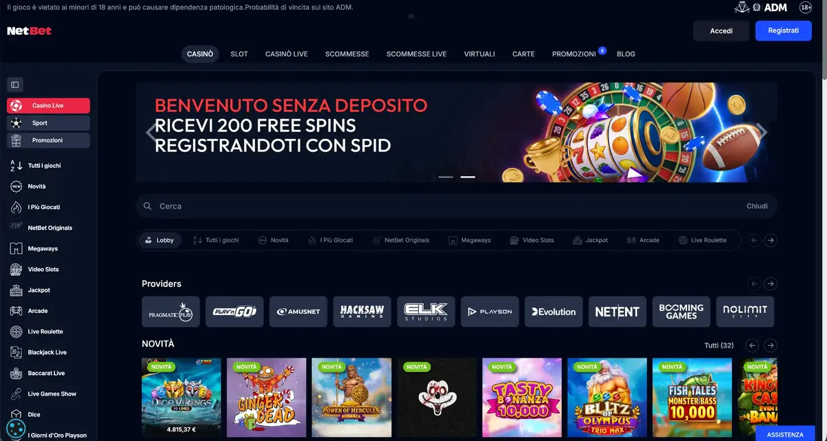 Schermata del casinò NetBet